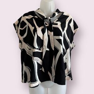 SHEIN Abstract Print Blouse - Black & White Bow Tie Neck Top, Size L